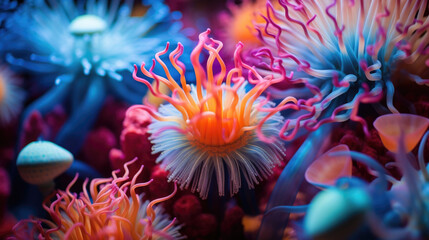 Close-Up of Exotic Coral Polyps with Neon Colors. International Day for Biodiversity. World Oceans Day. Marine. Dive Tourism. Environmental Education. Earth Day
