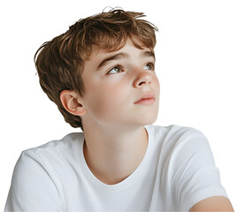 Thoughtful Boy: A portrait of a young boy with light brown hair, looking thoughtfully upward, conveying a sense of curiosity and contemplation. He's wearing a simple white t-shirt.  