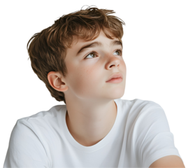 Thoughtful Boy: A portrait of a young boy with light brown hair, looking thoughtfully upward, conveying a sense of curiosity and contemplation. He's wearing a simple white t-shirt.  