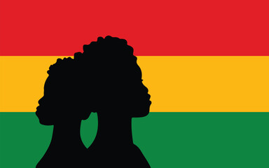 Black History Month Design with Two Black People Back to Back on Red, Yellow, and Green Flag. Celebrating Unity, Culture, and Heritage.