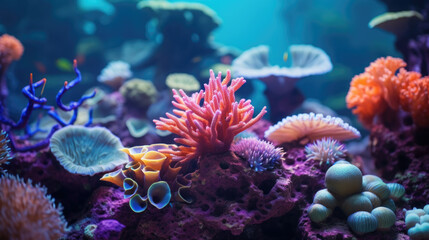 Close-Up of Exotic Coral Polyps with Neon Colors. International Day for Biodiversity. World Oceans Day. Marine. Dive Tourism. Environmental Education. Earth Day. 