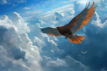 Majestic falcon with vibrant orange wings soaring high above fluffy white clouds in a clear blue sky, embodying freedom and grace