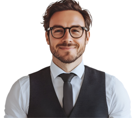 Confident Professional Portrait: A friendly, smiling man with short brown hair and a well-groomed beard, wearing glasses, a crisp light blue shirt, and a dark waistcoat and tie.