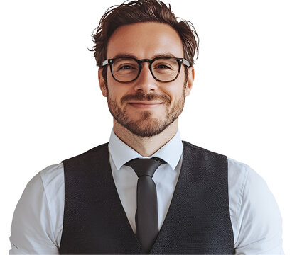 Confident Professional Portrait: A friendly, smiling man with short brown hair and a well-groomed beard, wearing glasses, a crisp light blue shirt, and a dark waistcoat and tie.
