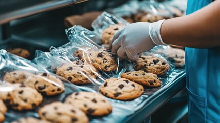 Gloved hands placing chocolate chip cookies into individual plastic bags on a conveyor belt in a food production facility.