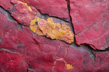 Fototapeta premium Red lava texture background, close-up of red rock surface with rough patterns, top view.