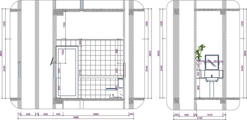 Vector sketch illustration of bathroom site plan section view silhouette design