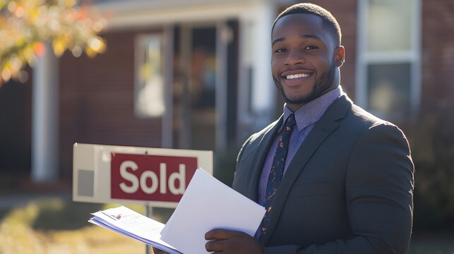 A smiling real estate agent holds paperwork near a sold house