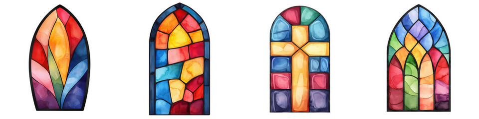 Fototapeta premium Colorful stained glass windows with religious themes and designs, isolated on transparent background.