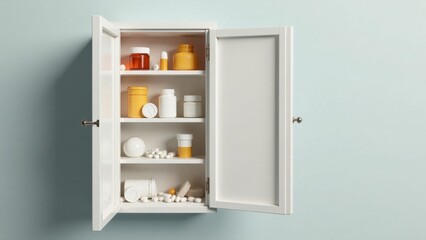 White medicine cabinet with various pills and containers open on a light blue wall