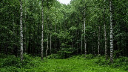 Fototapeta premium Lush Birch Forest, Green Undergrowth, Tranquil Nature Scene, Wallpaper