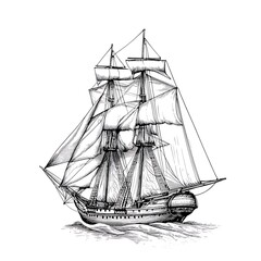 Detailed ink drawing of a brigantine sailing ship on the ocean.