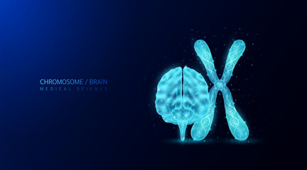Gene chromosome and brain. Genetic synthetic biology cell DNA. Anatomy organ polygonal blue glowing on dark background. For medical science work. Vector EPS10.