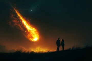 Fototapeta premium Romantic couple holding hands watching a burning meteor falling from the night sky, creating a dramatic and surreal atmosphere