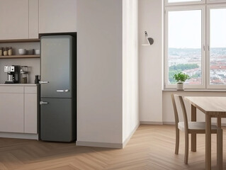 Modern Interior with Blank Wall, Dining Area, Wooden Flooring, and Cityscape View: 3D Rendering