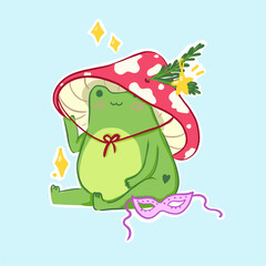 Cartoon frog is sitting in a big red mushroom hat. Funny cute green frog with a carnival mask. Vector character. Sticker, logo, poster. Flat illustration on a blue background.