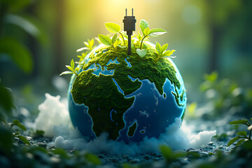Earth with power plug covered in plants symbolizing renewable energy and sustainability