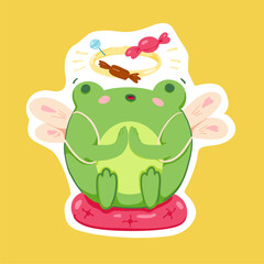 Cute cartoon frog with wings dreams about sweets sitting on a pillow. Kids sticker, poster. Hand drawn doodle character. Vector illustration on an isolated yellow background.