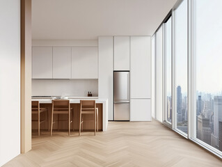 Modern Interior with Blank Wall, Dining Area, Wooden Flooring, and Cityscape View: 3D Rendering