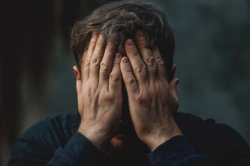 Caucasian man hiding face with hands experiencing grief, depression, anxiety, and mental health issues