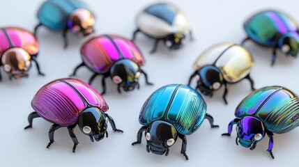 A collection of colorful beetle figurines arranged in a grid-like pattern.