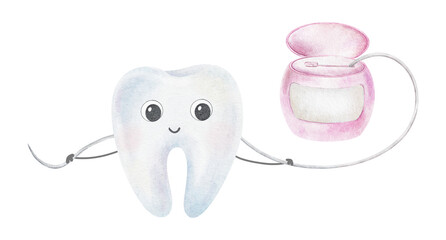 Happy Tooth kawaii Character cleans itself pink Dental floss. Isolated hand drawn watercolor kids illustration of Teeth. Clipart for pediatric dentistry, dental health care, Daily Oral hygiene