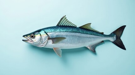 Fototapeta premium A Single Aquatic Animal on a Light Blue Background A Detailed View of a Silver Fish with Dark Dorsal Fins and Caudal Fin