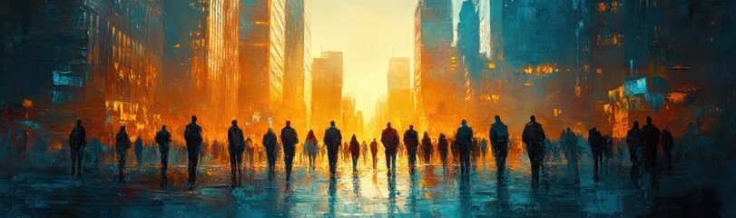 Fototapeta premium Impressionist Painting of Vibrant Diverse Crowd in Dynamic Cityscape