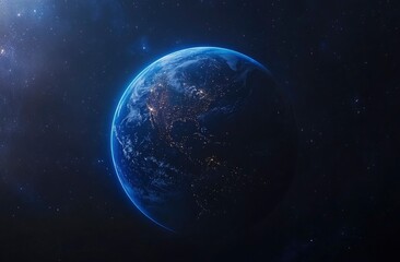 Wide shot of Earth from space at night, lights on the horizon, blue lighting, dark sky, stars in the background, cinematic.