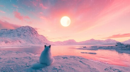 Arctic Fox Silhouetted Against a Breathtaking Pink Sunset Over Snowy Mountains and Calm Waters