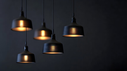 Obraz premium Modern decorative electric lamps on ceiling in dark room with space for background.