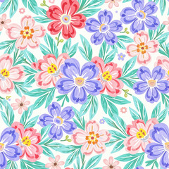 Seamless floral vector pattern with pink flowers and leaves, perfect for wallpaper, textile, and decor