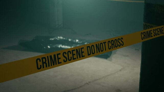No people low-key shot of crime scene yellow barricade at murder scene with dead body under black plastic bag on ground in abandoned building