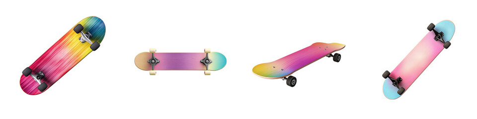 Colorful skateboards in various orientations showcasing vibrant designs and unique shapes.