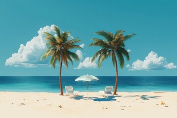 Tropical Island Beach Scene with Palm Trees Lounge Chairs and Beach Umbrella