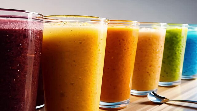 Side light panning video across a row of colorful smoothies in sleek, cylindrical glasses, each a different hue, a silver spoon rests beside the orange citrus smoothie
