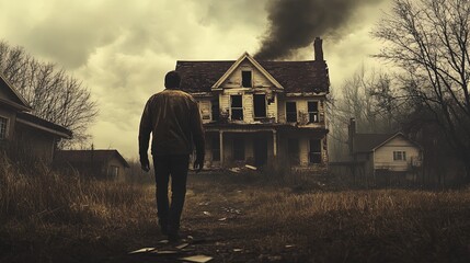 A man walking away from a house with broken windows, symbolizing the emotional destruction of a failed relationship