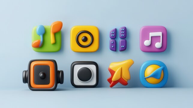 Colorful Playful Icons on Soft Blue Background for Digital Use