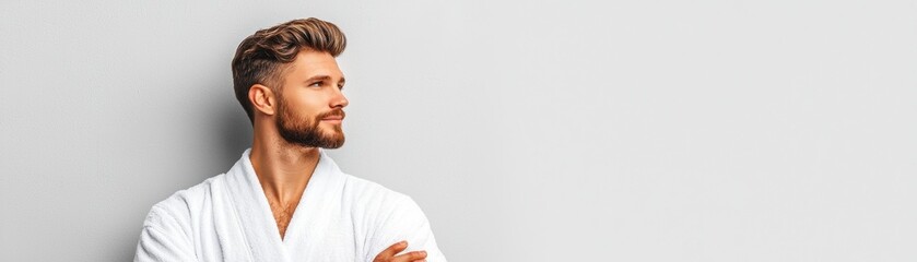 Fototapeta premium Elegant man with damp hair and relaxed pose in a robe, suitable for premium grooming products, modern lifestyle imagery, or personal care branding