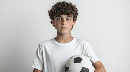 Young Soccer Player: A determined young boy with curly brown hair and a serious expression holds a soccer ball, ready to take on the field and show his passion for the game.  