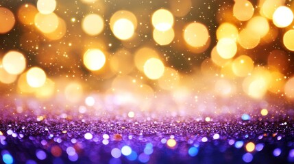 A shimmering background of golden and purple bokeh light with a sparkling effect.