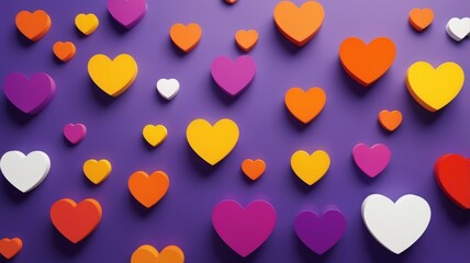 Vibrant hearts in a kaleidoscope of colors dance across a rich purple backdrop, creating a whimsical and enchanting scene.