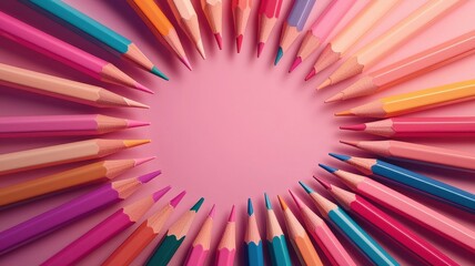Obraz premium Colorful pencils arranged in a circular pattern on a pink background.