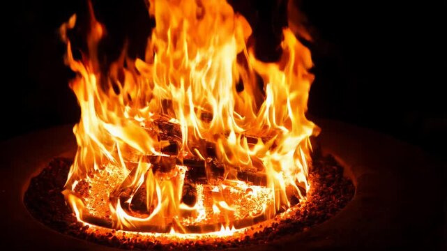 Fire Pit with Flames, a cozy fire with burning woods and firestones, warm glow