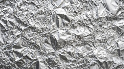 Close-up of crumpled aluminum foil with light reflection and shadows. Creative design use. Aluminum foil texture for art and visuals. Texture. Reflection. Crumpled beauty. Industrial elegance. - obrazy, fototapety, plakaty
