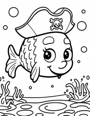 Fish with Pirate Hat: A cute fish wearing a pirate hat and swimming in the sea full of treasures and bubbles.