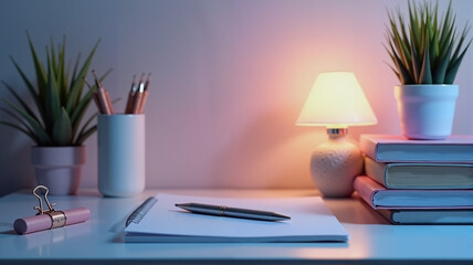Fototapeta premium Minimalist workspace with soft pastel decor at dusk, inspire creativity
