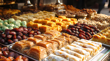 Obraz premium vibrant display of Middle Eastern desserts, including baklava, dates, and assorted sweets, beautifully arranged on trays in market setting. sunlight enhances rich colors and textures
