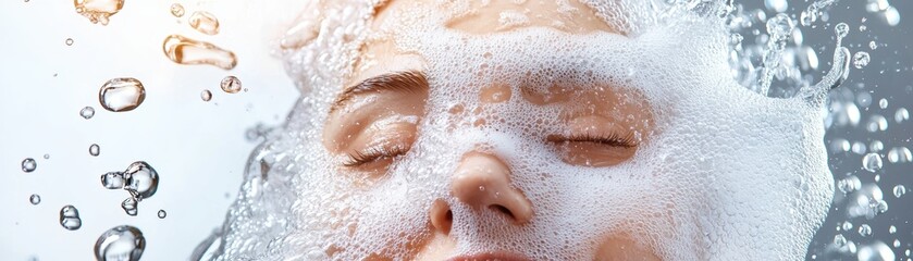 Fototapeta premium Joyful and glowing face framed by water bubbles, radiating health and freshness, perfect for beauty and wellness advertising
