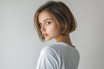 Obraz premium A woman with a bob: A young woman with a short bob haircut looks over her shoulder with a confident and alluring expression. She wears a simple white shirt and the light is soft and natural. 
